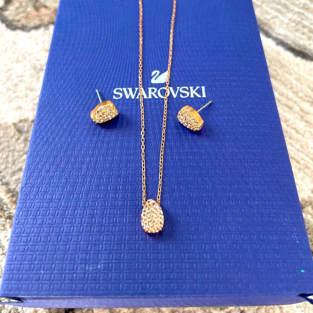 SwarovskiCrystal Teardrop Pendant Necklace in Rose gold and earrings.Without box